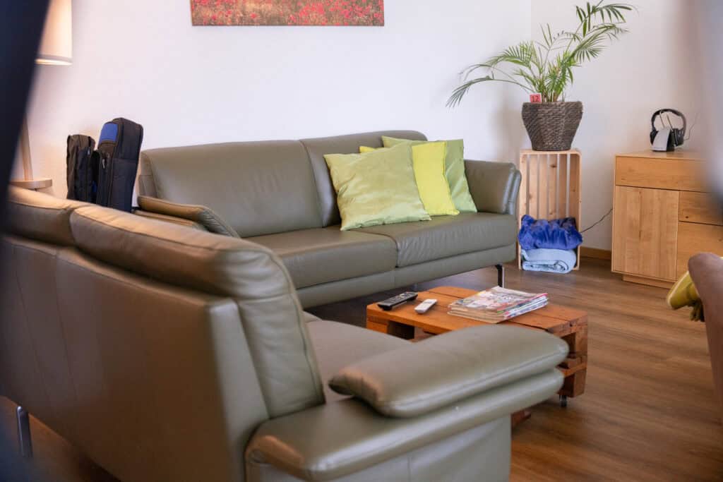 Ein gemütliches Wohnzimmer mit einem grünen Ledersofa und einem Sessel. Das Sofa hat grüne und gelbe Kissen. Auf einem hölzernen Couchtisch liegen Zeitschriften. In der Ecke stehen eine Topfpflanze und ein Gitarrenkoffer, und darauf steht ein Holzschrank mit Kopfhörern.
